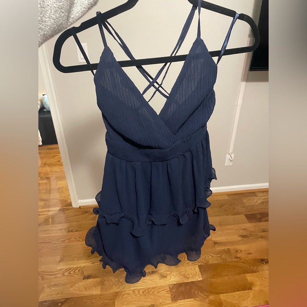 SAINTS AND SECRETS NAVY BLUE RUFFLE DRESS